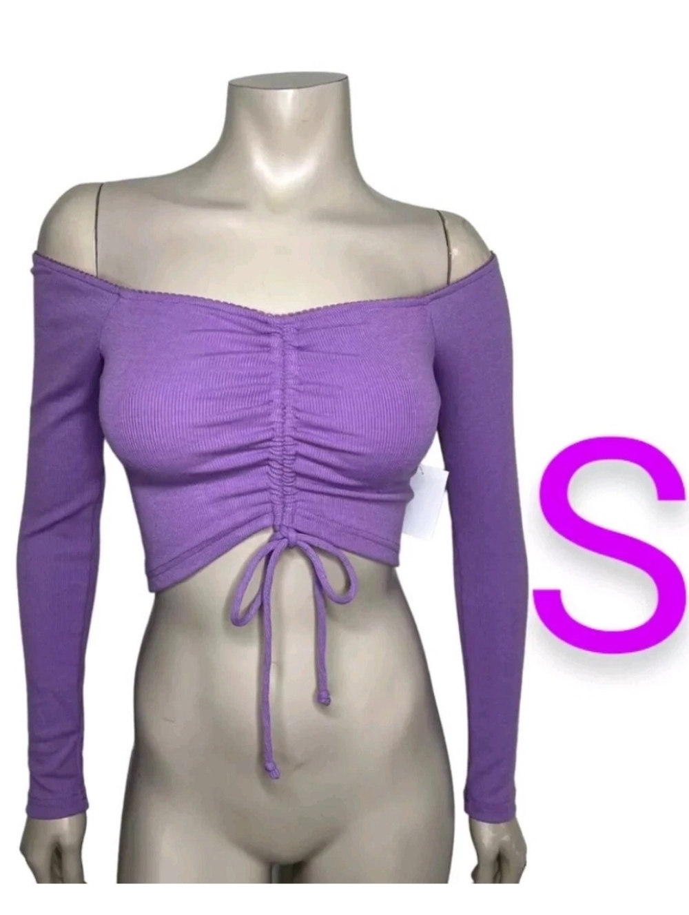 🆕Purple Off Shoulder Ribbed Ruched Longsleeve Crop Top ~ SIZE S